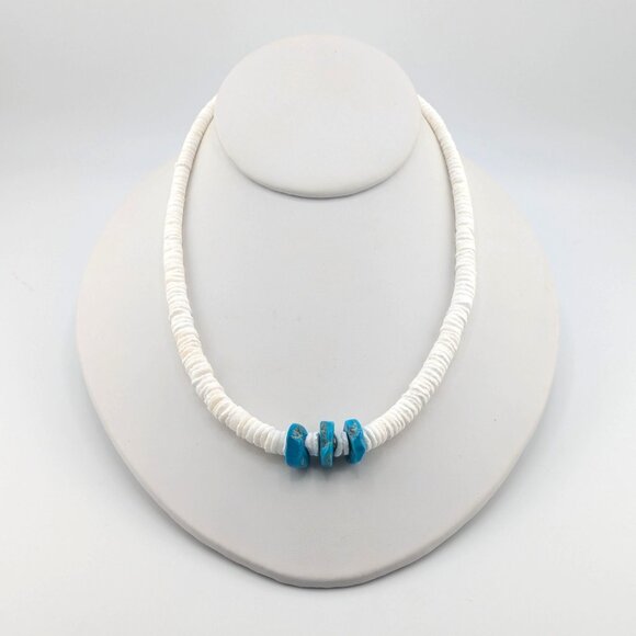 Navajo Graduated White Shell with Kingman Turquoise Beaded Necklace NA Jewelry * - Picture 8 of 11